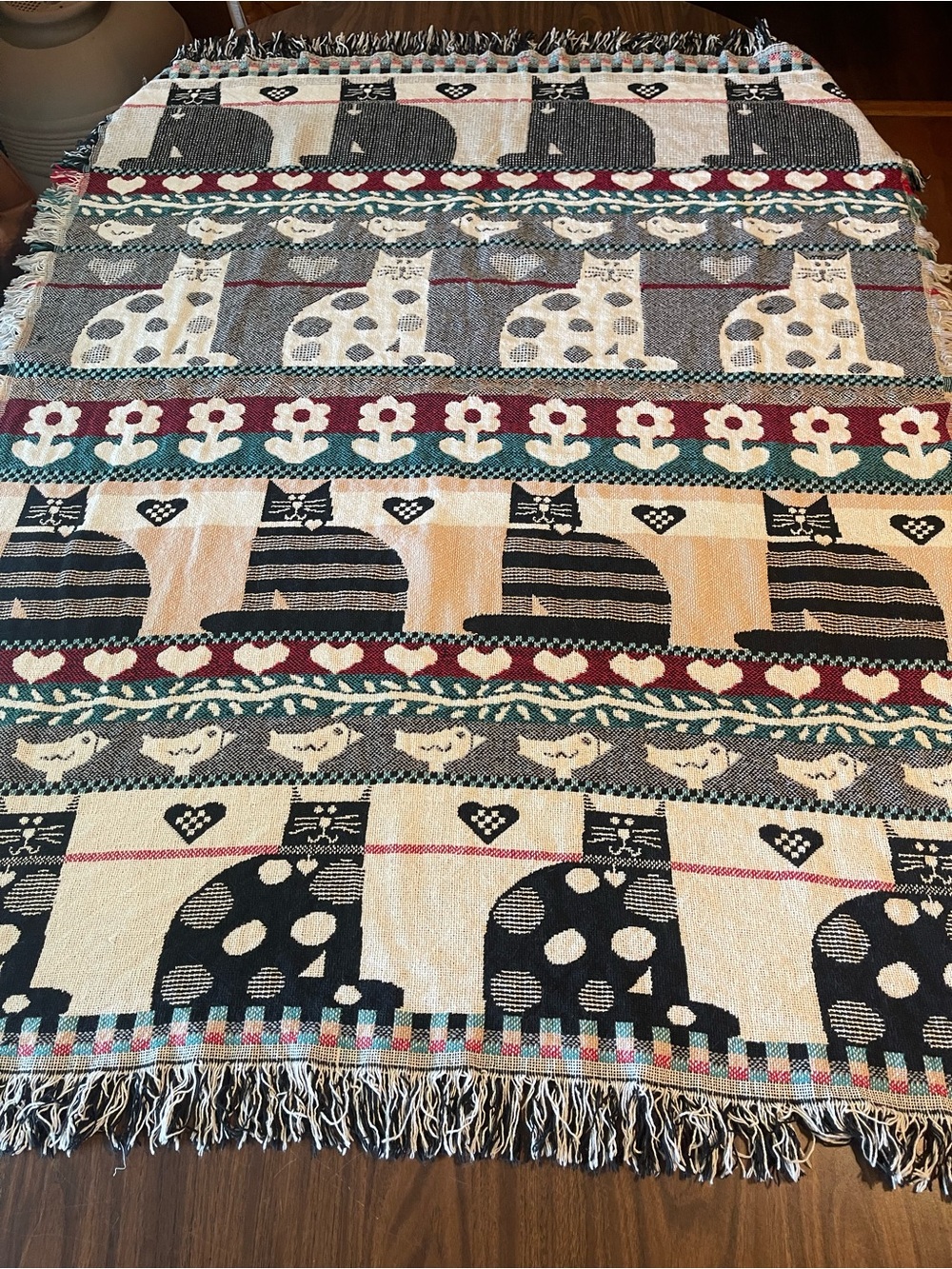 80s Whimsical Cat Woven jacquard  Throw Blanket - with damage -pulled threads